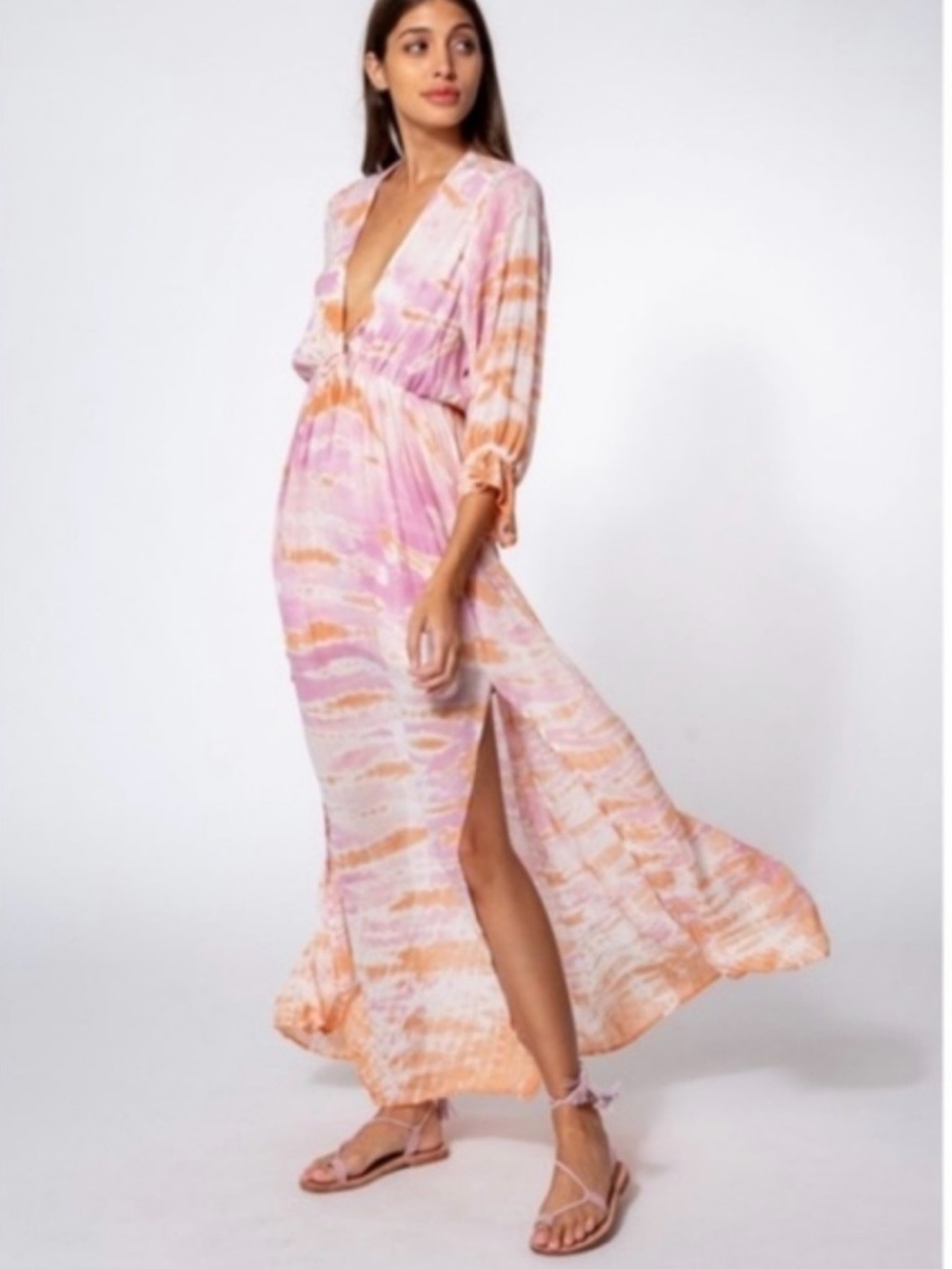 ❤️… Young Fabulous & broke Pink & Peach Tie-Dye Maxi Dress with Deep V